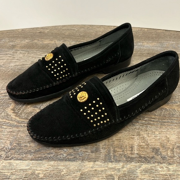 Lorenzo Banfi 1759 Black Suede Loafers Gold Studded Italian Made Size 10.5 main image 7